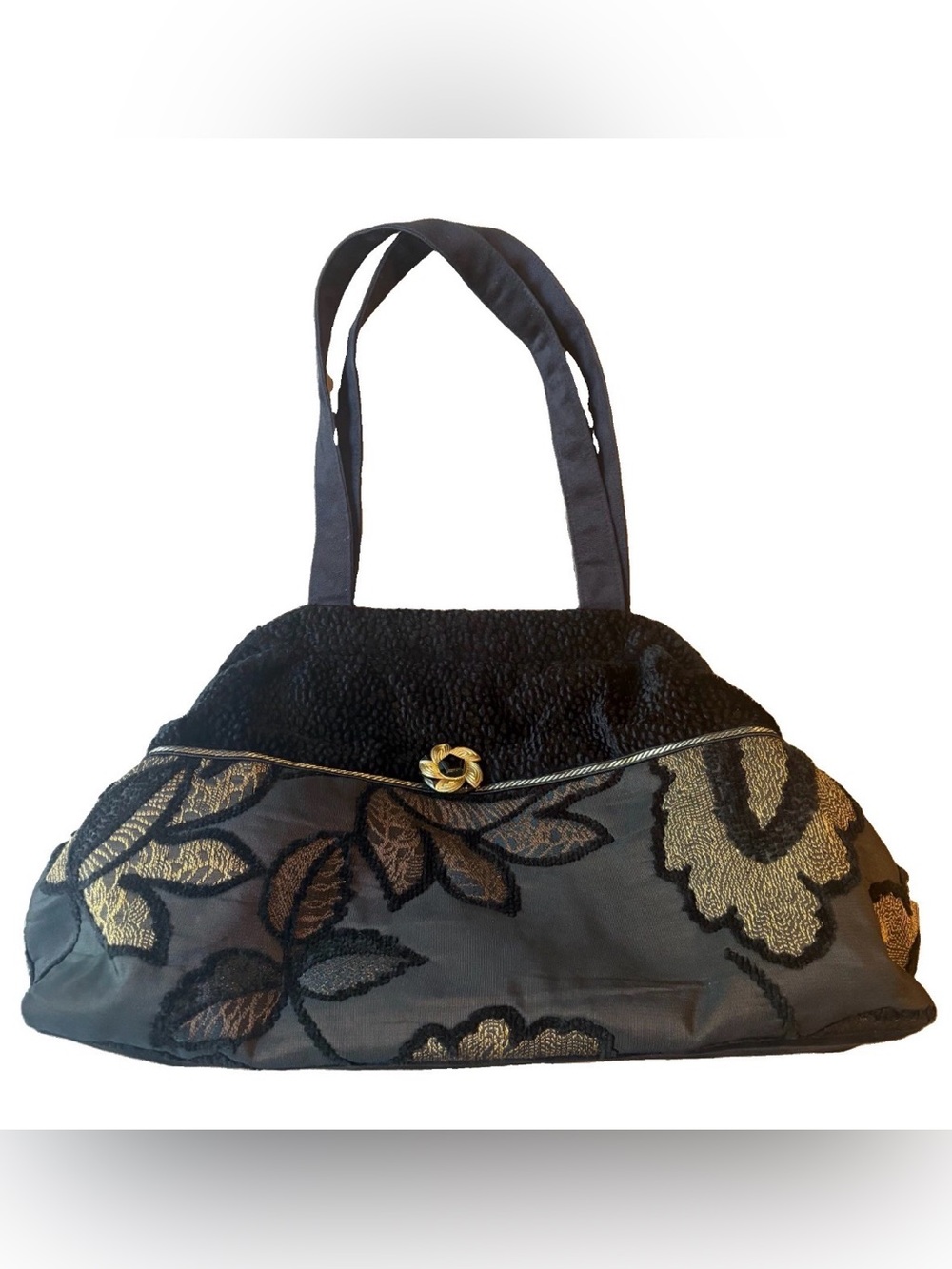 Atenti Doctor Bag Black On Black Floral Tapestry Faux Shearling Tote w/ Pouch